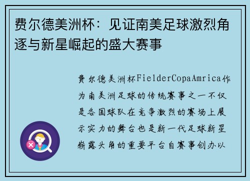 费尔德美洲杯：见证南美足球激烈角逐与新星崛起的盛大赛事