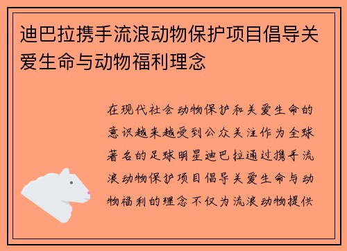迪巴拉携手流浪动物保护项目倡导关爱生命与动物福利理念