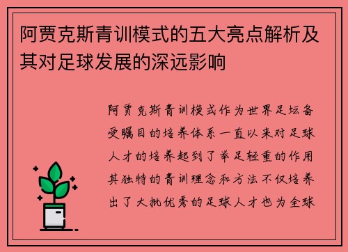阿贾克斯青训模式的五大亮点解析及其对足球发展的深远影响